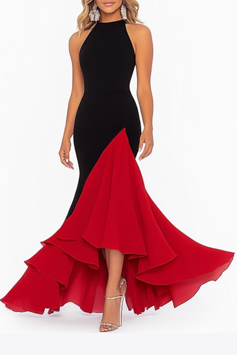 Elegant Black Red Halter Mermaid Long Formal Dress
