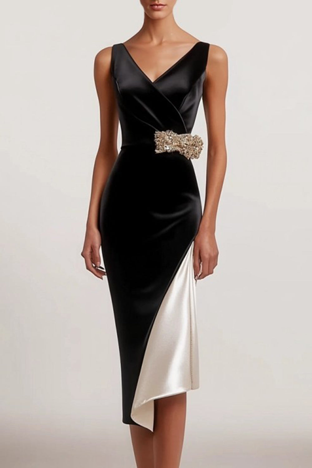 Black Midi V Neck Sheath Formal Dress