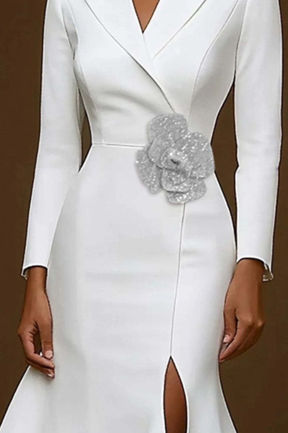 White Notched Lapel Mermaid Midi Blazer Dress with Flower