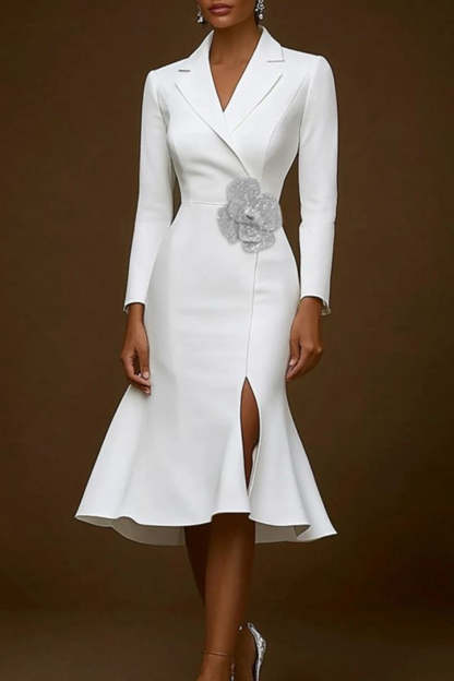 Leely Women White Midi Blazer Dress with Slit Notched Lapel Mermaid Work Dress with Flower