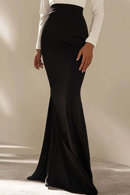 White and Black V Neck Mermaid Long Formal Dress with Sleeves
