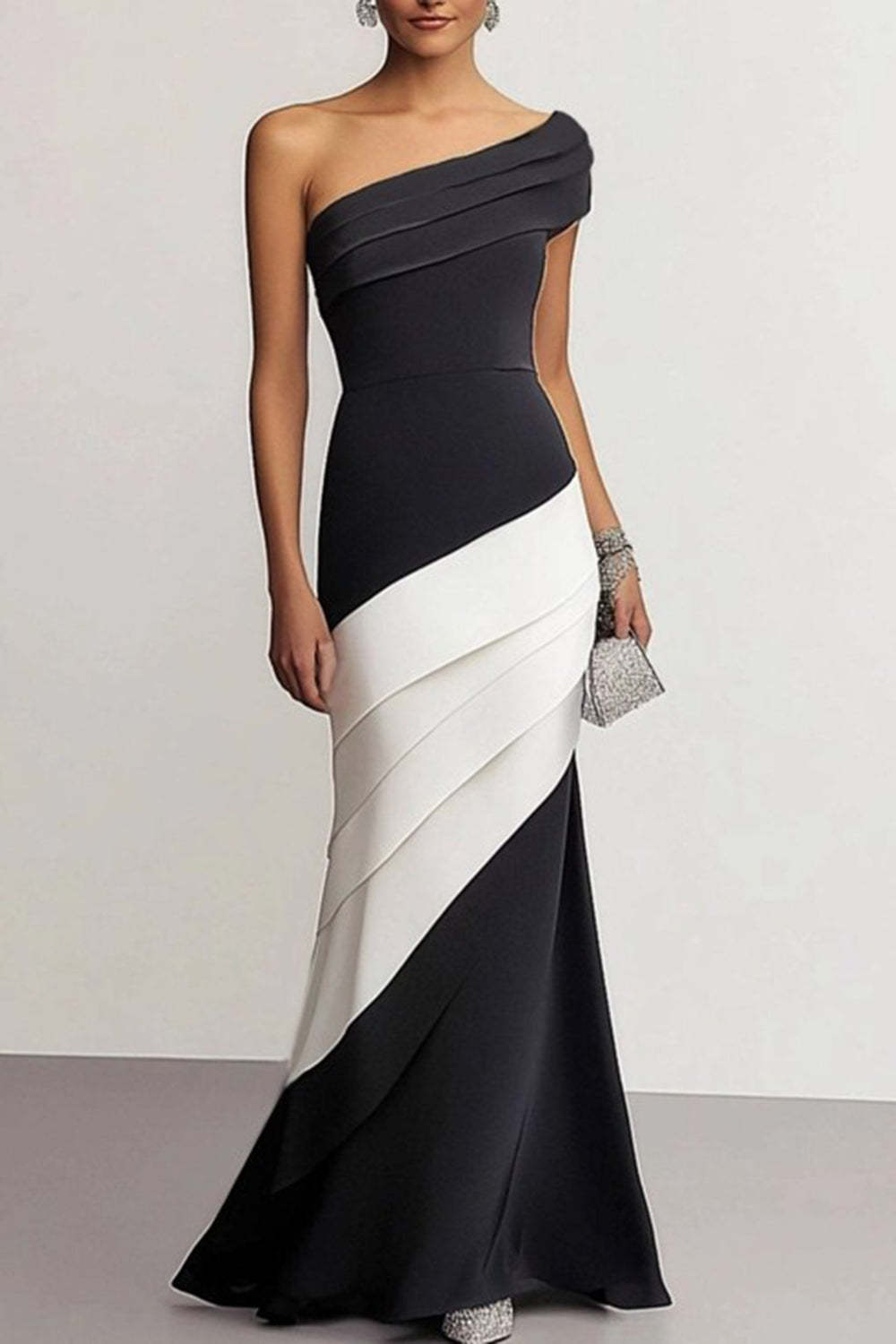 Leely Women Black Mermaid Long Evening Dress One Shoulder Ruched Formal Dress