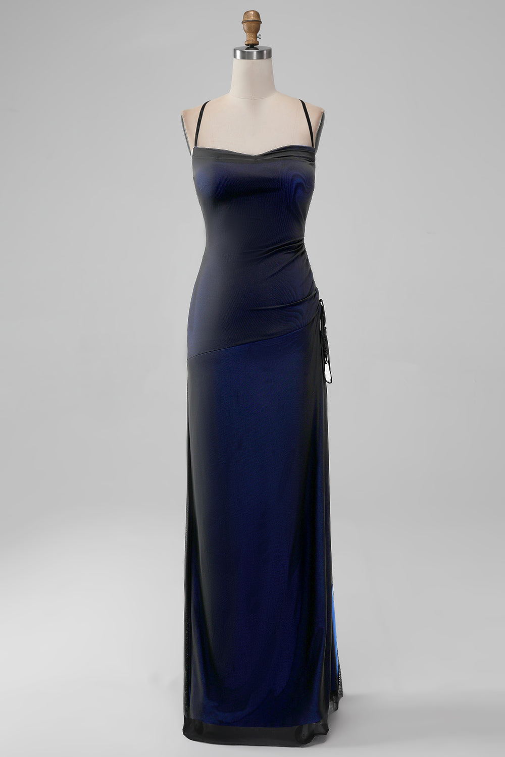 Leely Women Elegant Black Blue Sheath Long Bridesmaid Dress with Slit Spaghetti Straps Lace Up Long Formal Dress