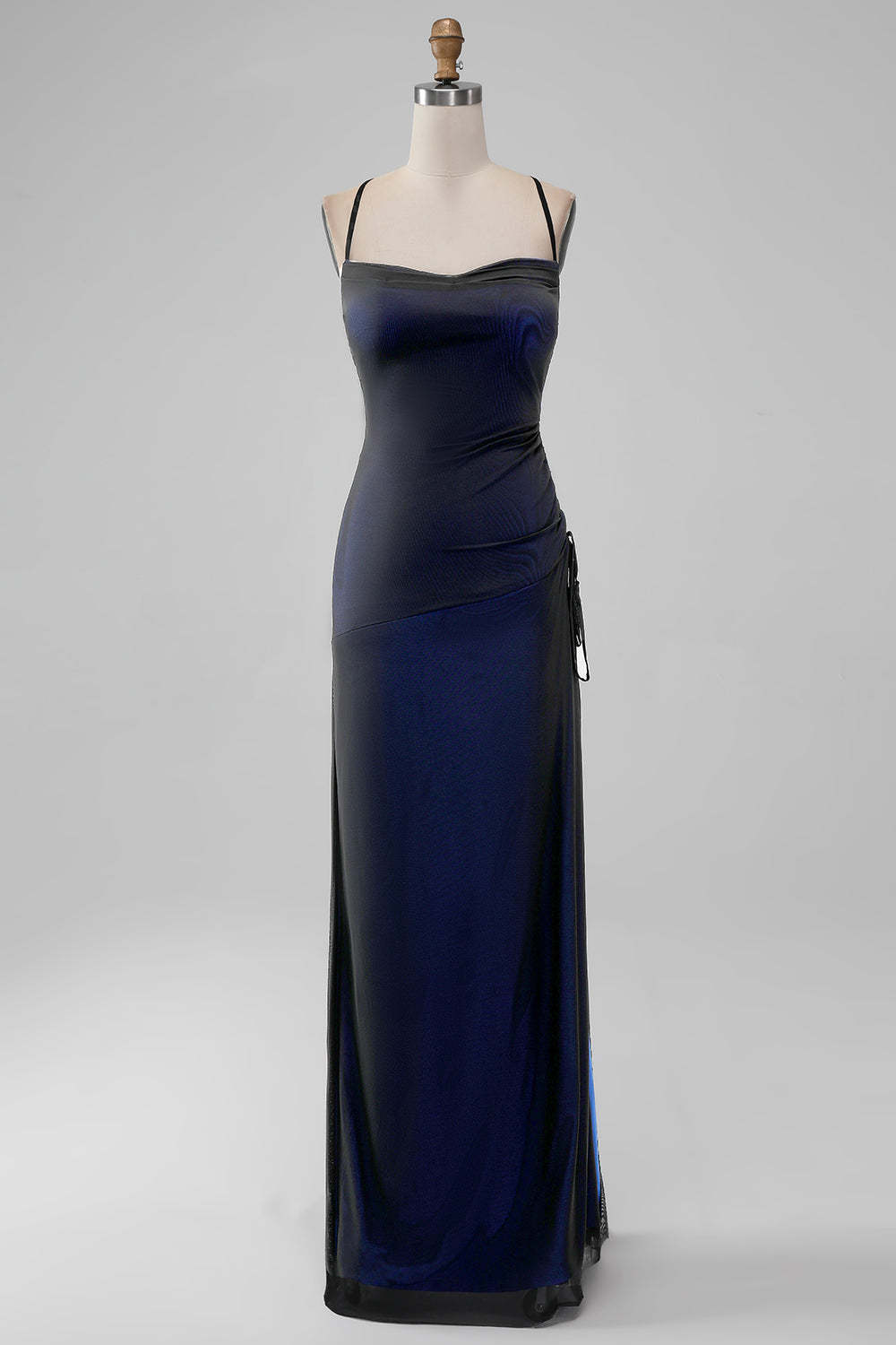 Leely Women Elegant Black Blue Sheath Long Bridesmaid Dress with Slit Spaghetti Straps Lace Up Long Formal Dress
