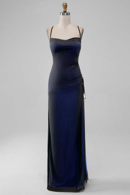 Leely Women Elegant Black Blue Sheath Long Bridesmaid Dress with Slit Spaghetti Straps Lace Up Long Formal Dress