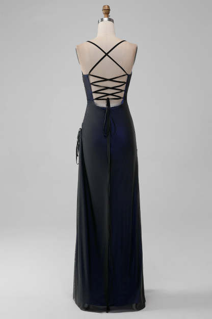 Black Blue Mermaid Spaghetti Straps Long Bridesmaid Dress with Slit