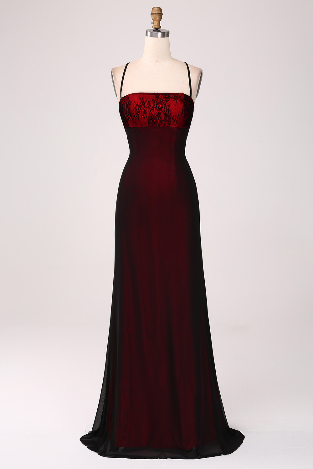 Black Red Spaghetti Straps Mermaid Long Bridesmaid Dress with Lace-up Back 
