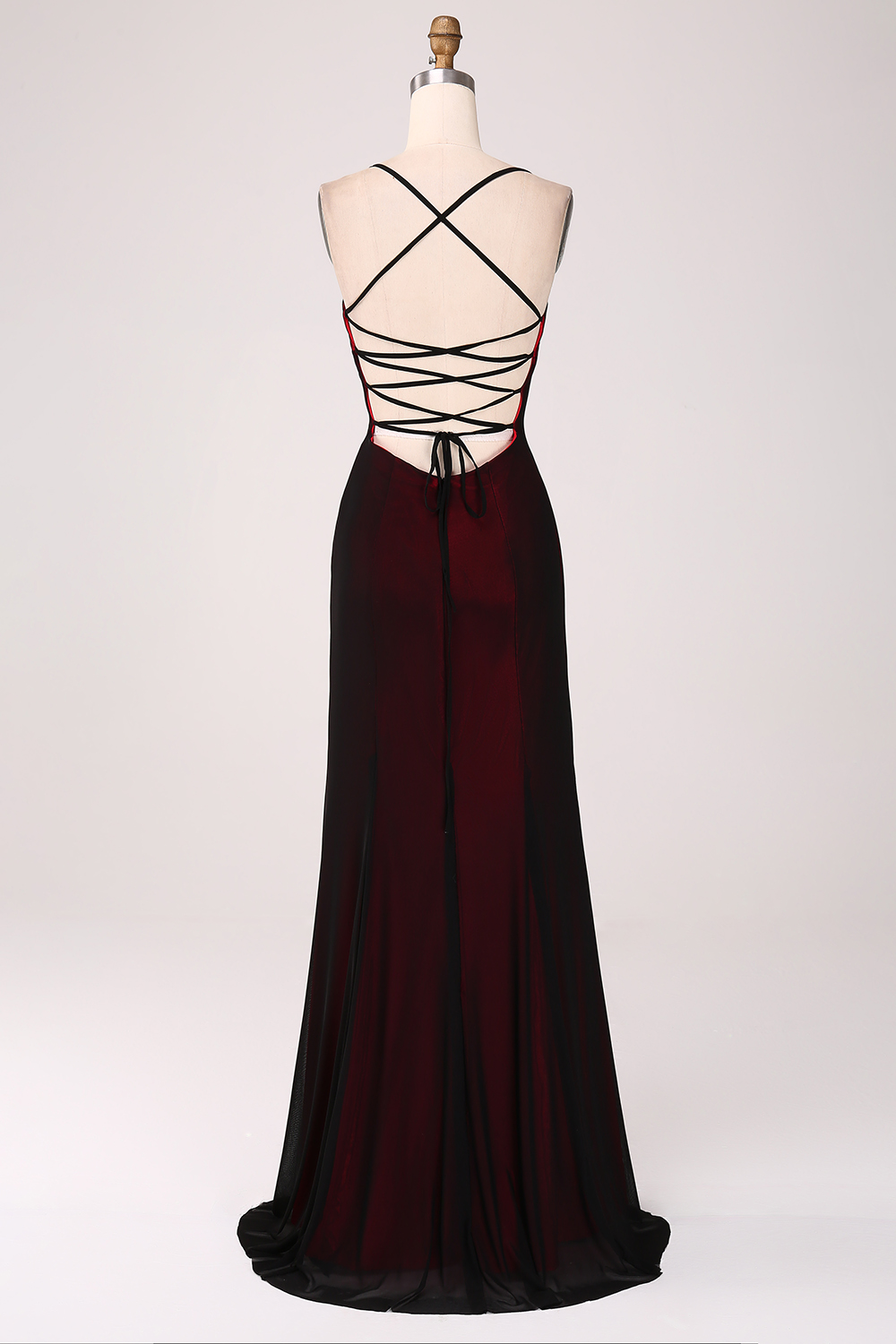 Black Red Spaghetti Straps Mermaid Long Bridesmaid Dress with Lace-up Back 