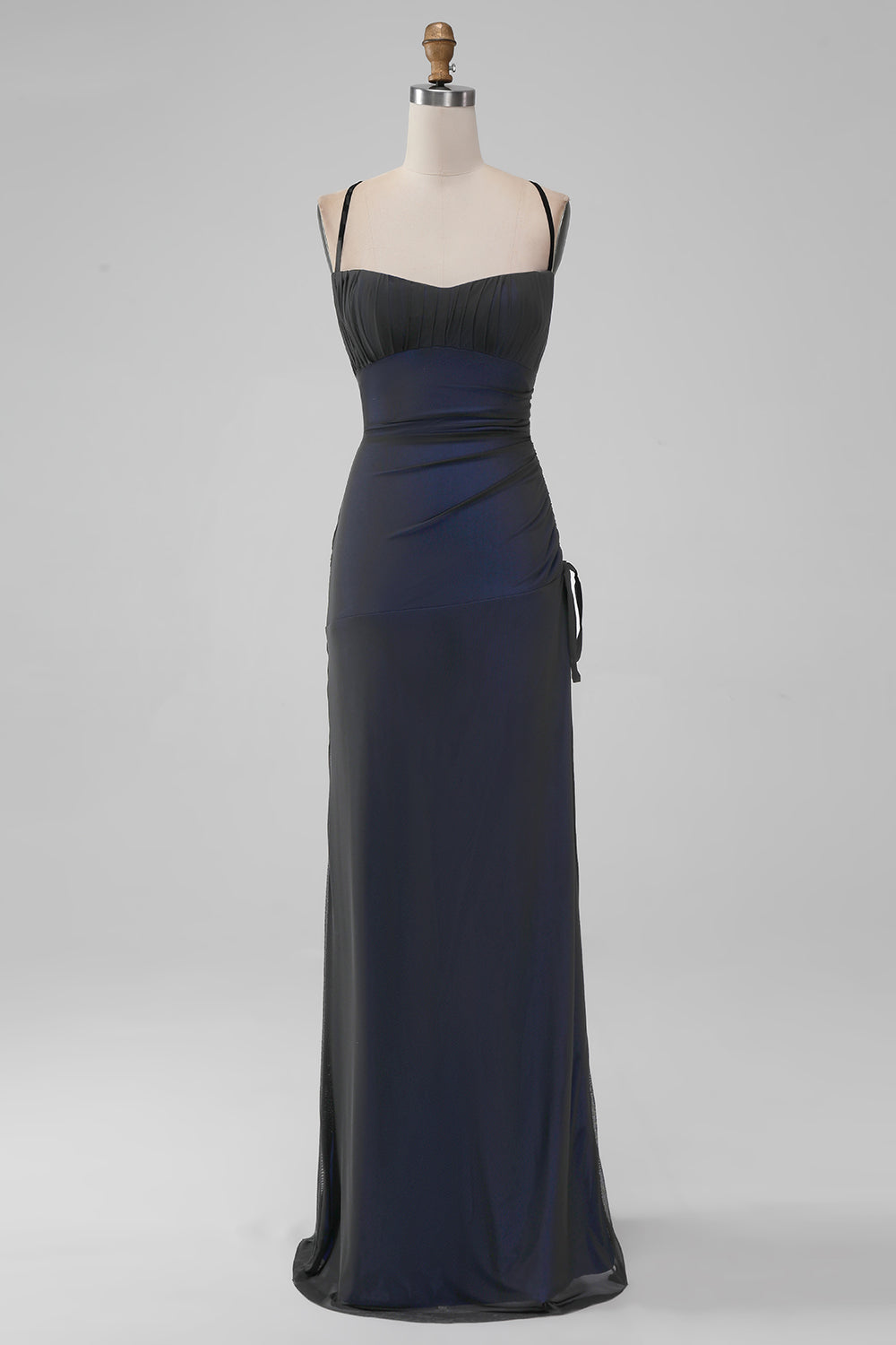 Black Blue Spaghetti Straps Mermaid Pleated Long Prom Dress with Slit