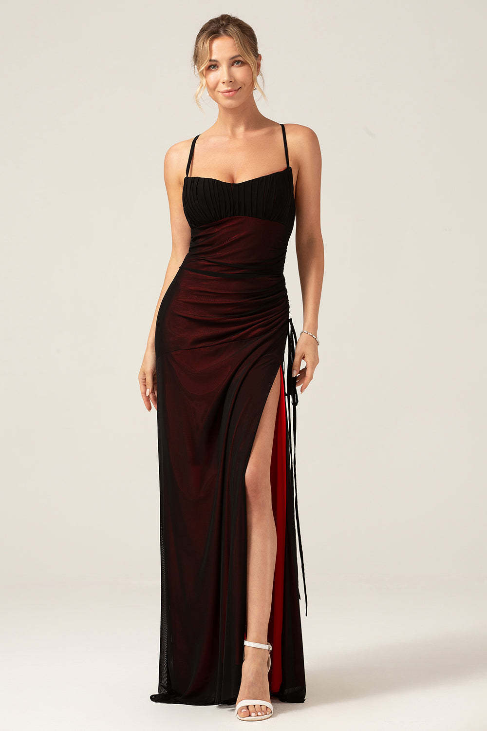 Sheath Spaghetti Straps Black Red Floor Length Bridesmaid Dress