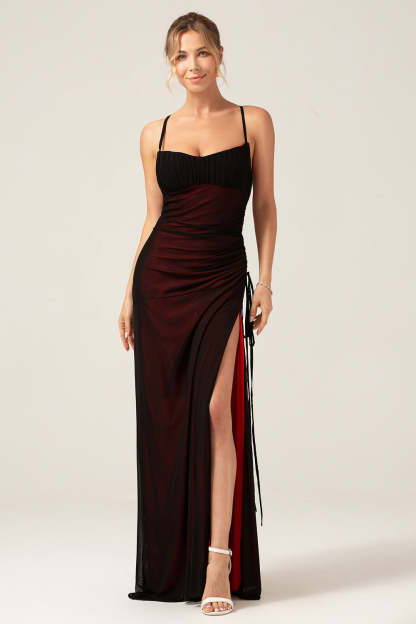 Sheath Spaghetti Straps Black Red Floor Length Bridesmaid Dress