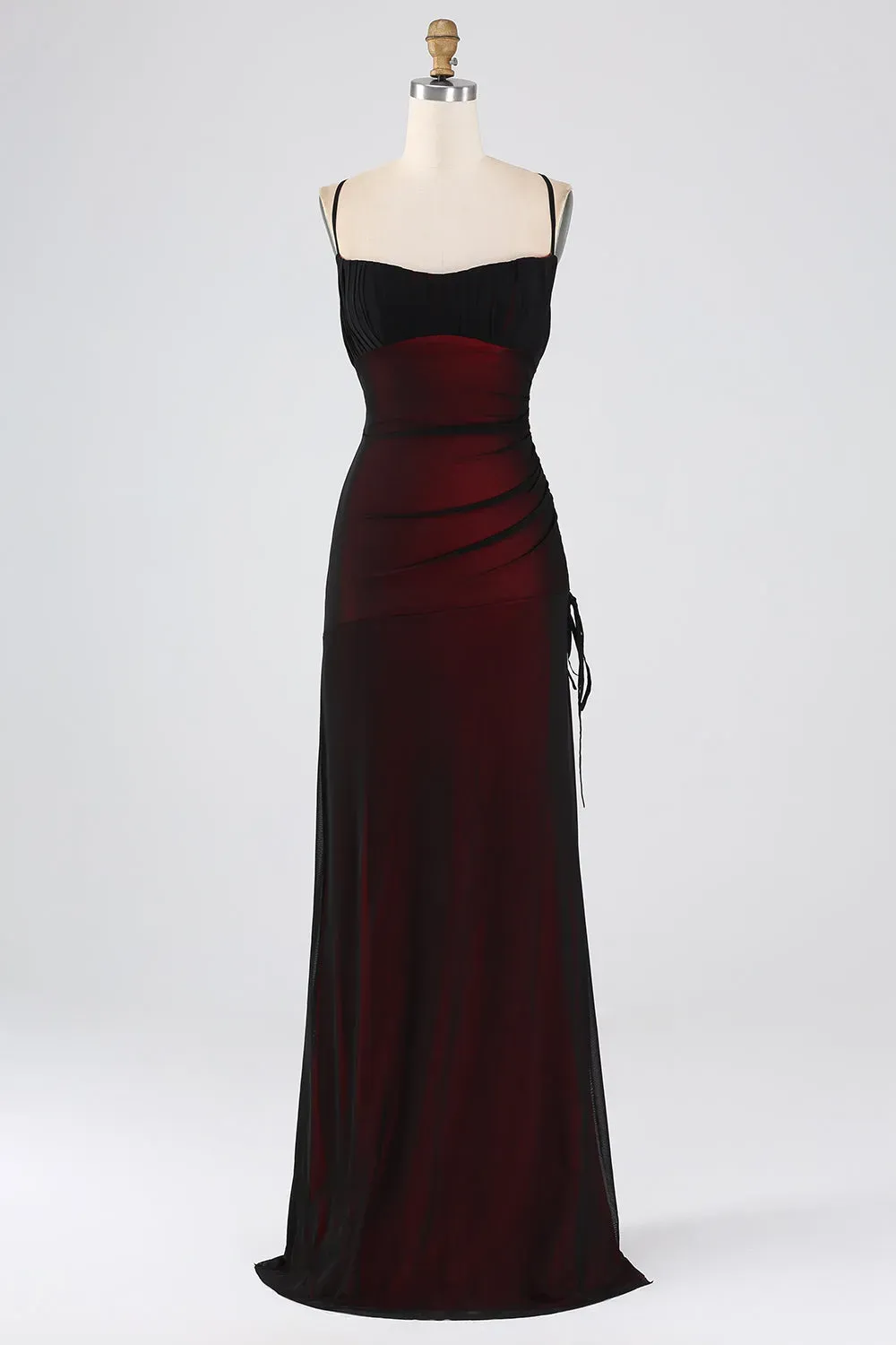 Black Red Sheath Spaghetti Straps Criss Cross Back Bridesmaid Dress with Slit