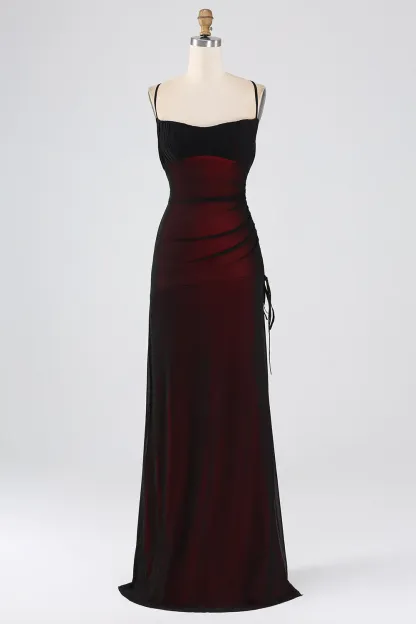 Black Red Sheath Spaghetti Straps Criss Cross Back Bridesmaid Dress with Slit
