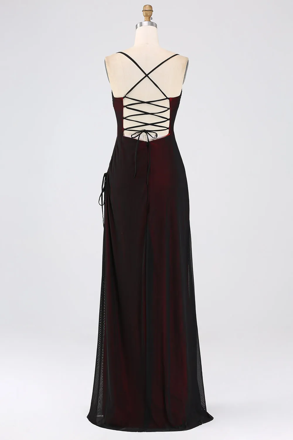Black Red Sheath Spaghetti Straps Criss Cross Back Bridesmaid Dress with Slit