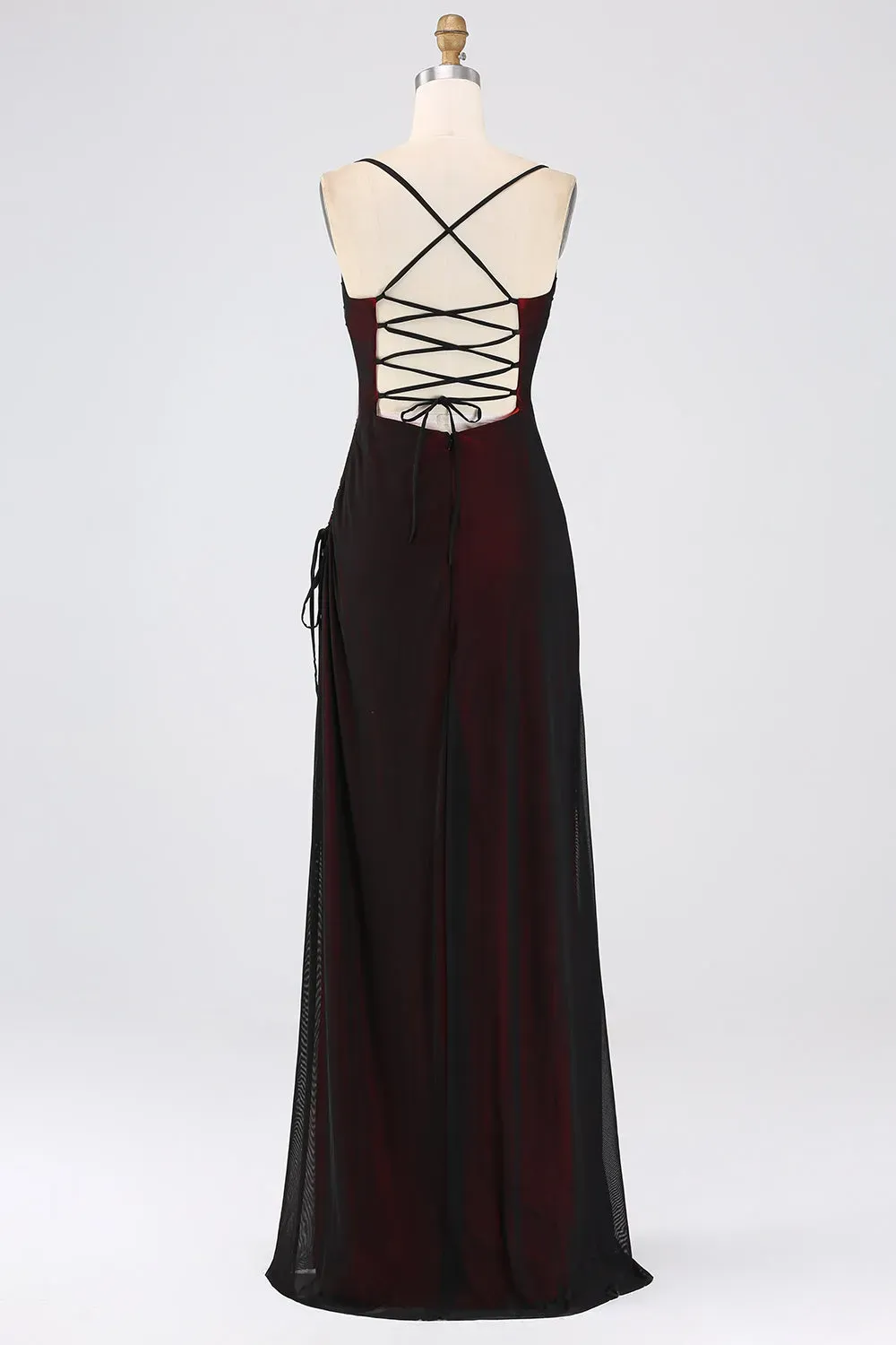 Black Red Sheath Spaghetti Straps Criss Cross Back Bridesmaid Dress with Slit