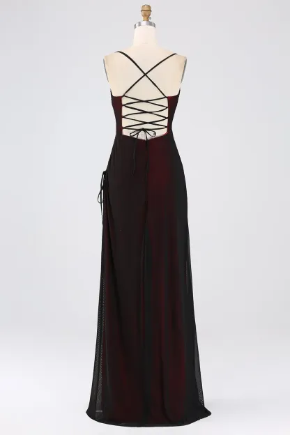Black Red Sheath Spaghetti Straps Criss Cross Back Bridesmaid Dress with Slit