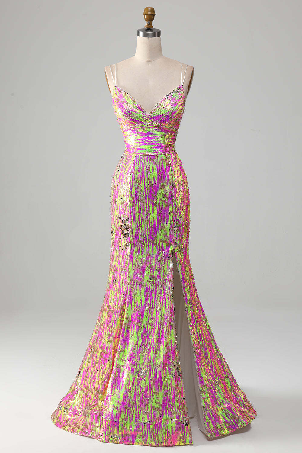 Leely Women Hot Pink Sparkly Mermaid Prom Dress with Slit Spaghetti Straps Long Party Dress