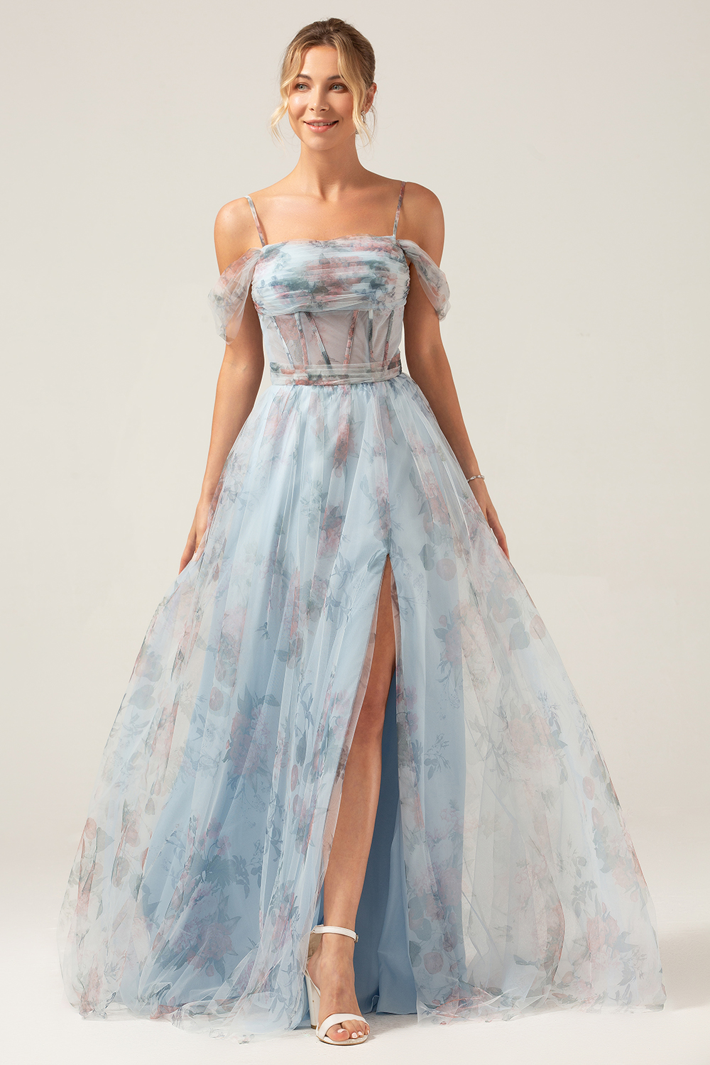 Blue Flower A Line Spaghetti Straps Corset Floral Prom Dress