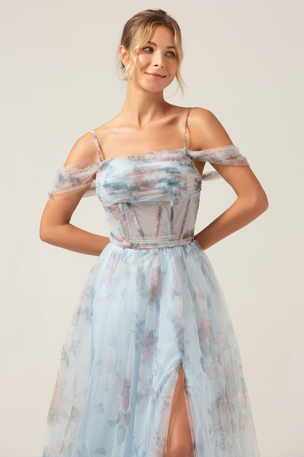 Blue Flower A Line Spaghetti Straps Corset Floral Prom Dress
