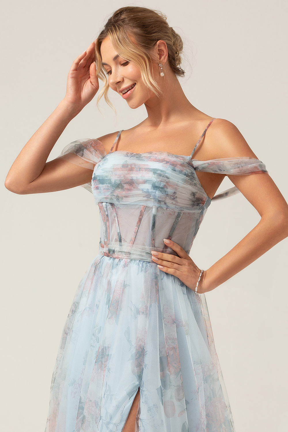 Blue Flower A Line Spaghetti Straps Corset Floral Prom Dress
