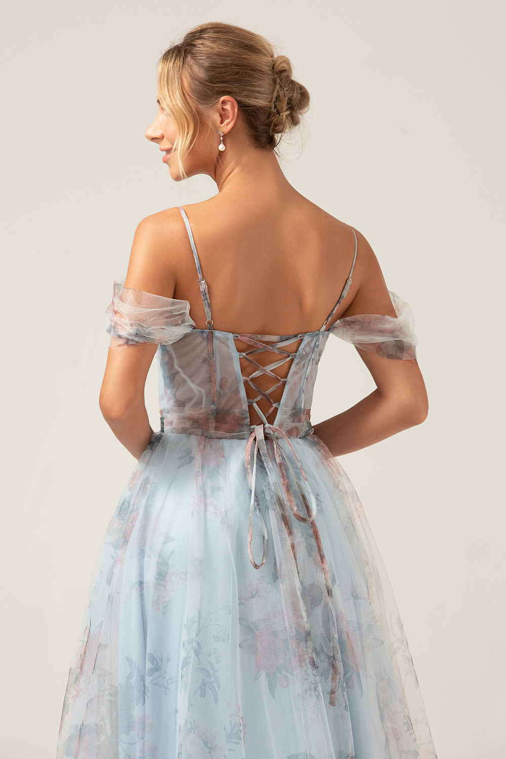 Blue Flower A Line Spaghetti Straps Corset Floral Prom Dress