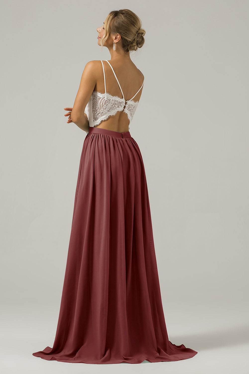 Eucalyptus A-Line Spaghetti Straps Pleated Long Bridesmaid Dress With Lace