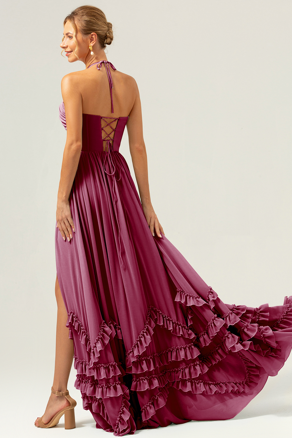 Dusty Sage Halter Corset Ruffled Chiffon Bridesmaid Dress with Slit