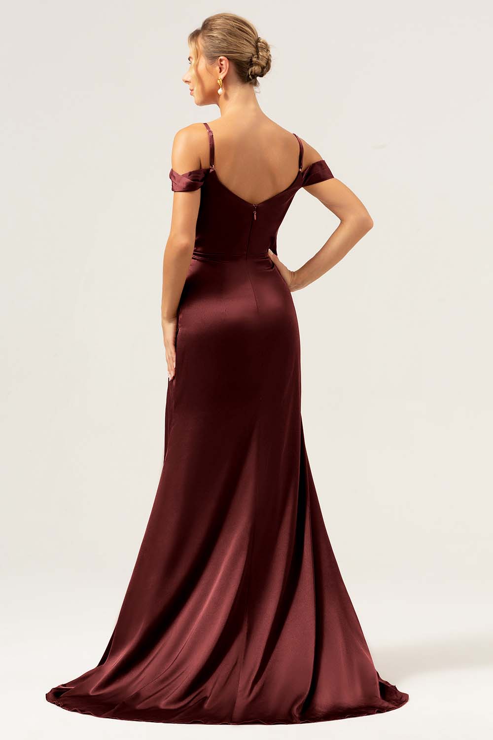 Coffee Cold Shoulder Satin Mermaid Wedding Party Dress with Slit