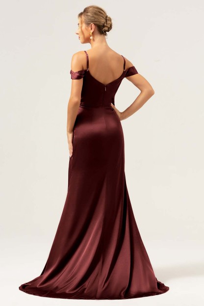 Coffee Cold Shoulder Satin Mermaid Wedding Party Dress with Slit