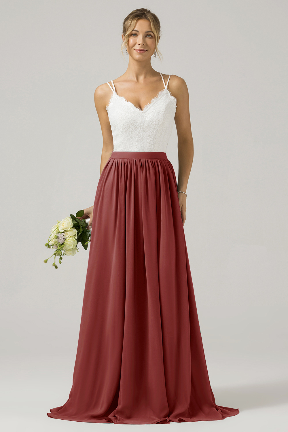 Eucalyptus A-Line Spaghetti Straps Pleated Long Bridesmaid Dress With Lace