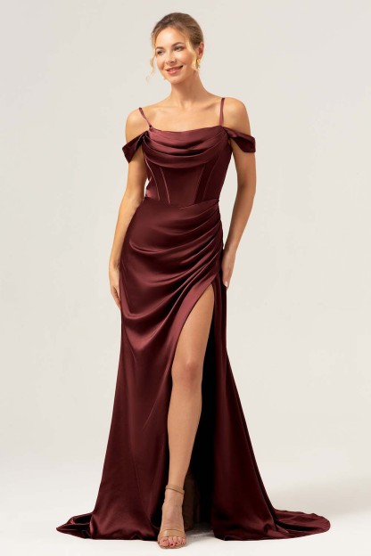 Coffee Cold Shoulder Satin Mermaid Wedding Party Dress with Slit