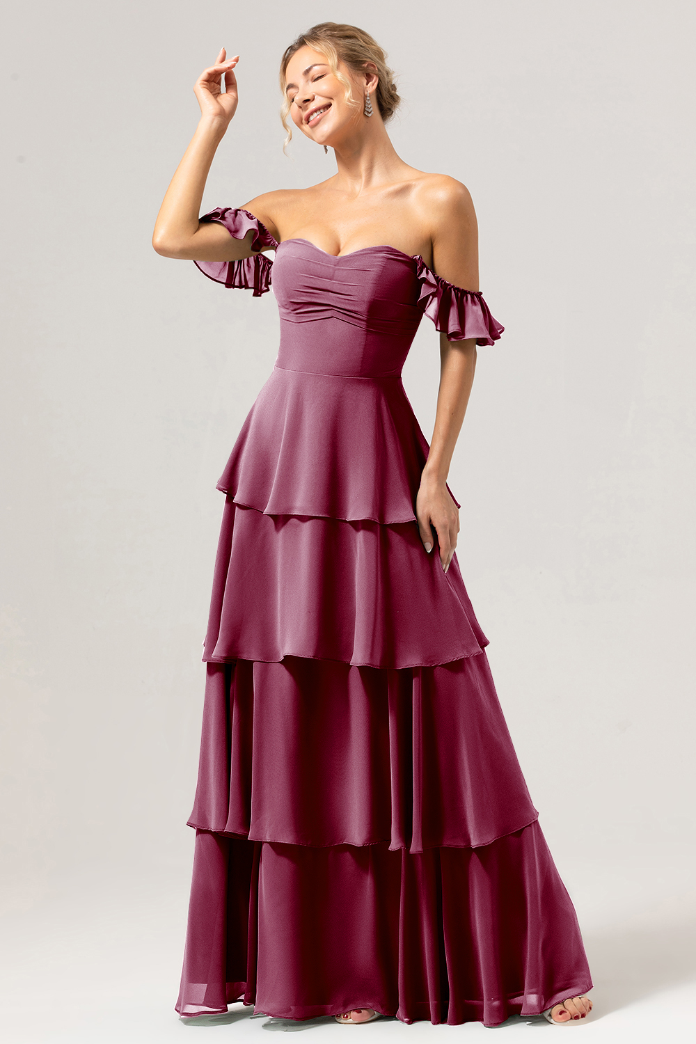 Eucalyptus Off the Shoulder Sweetheart Tiered A-Line Bridesmaid Dress