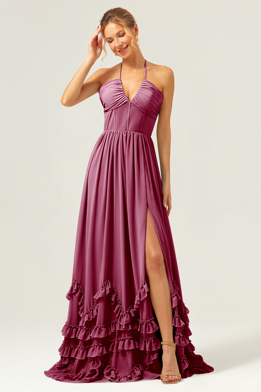 Dusty Sage Halter Corset Ruffled Chiffon Bridesmaid Dress with Slit