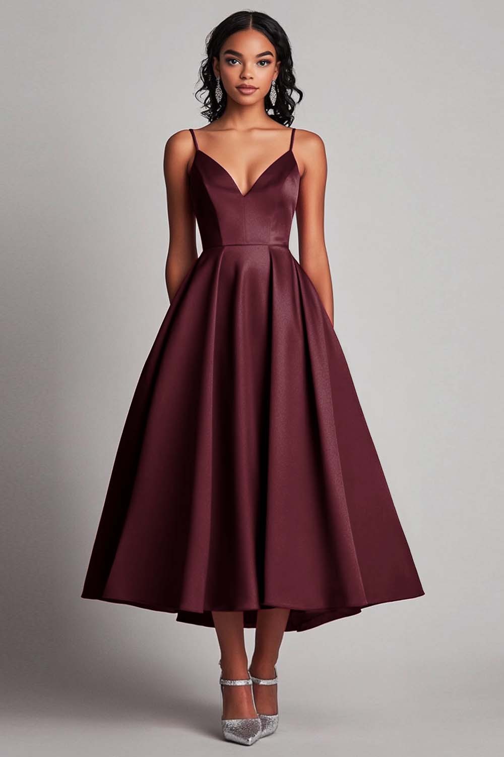 Red Satin A-Line Spaghetti Straps Tea Length Formal Dress