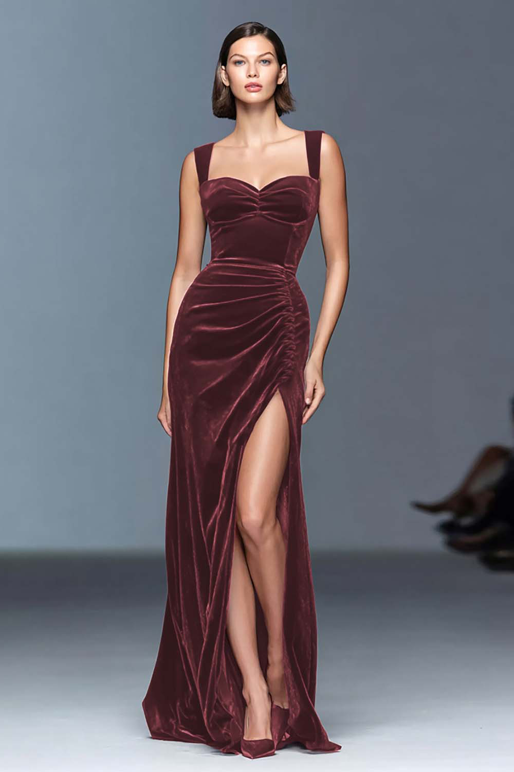 Leely Women Burgundy Velvet Maxi Holiday Party Dress with Slit Ruched Sheath Straps Formal Dress