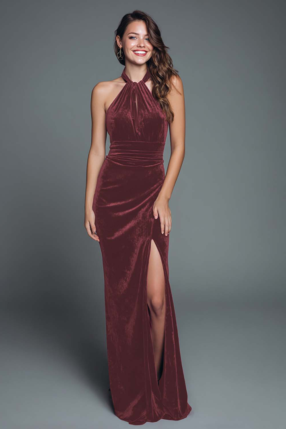 Burgundy Halter Mermaid Velvet Maxi Holiday Party Dress with Slit