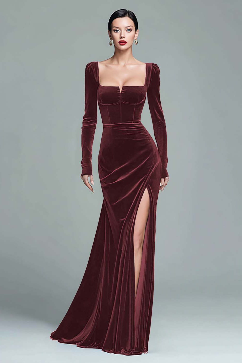 Dark Green Square Neck Velvet Long Holiday Party Dress with Slit