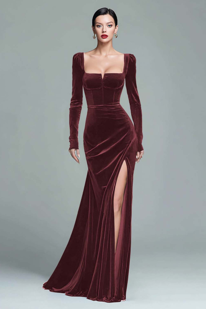 Dark Green Square Neck Velvet Long Holiday Party Dress with Slit