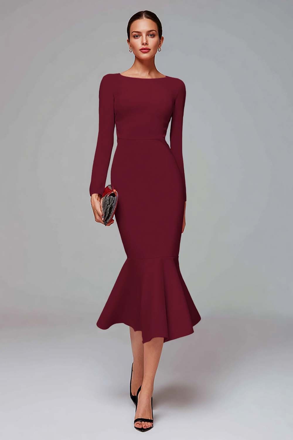 Elegant Midi Red Mermaid Long Sleeves Work Dress