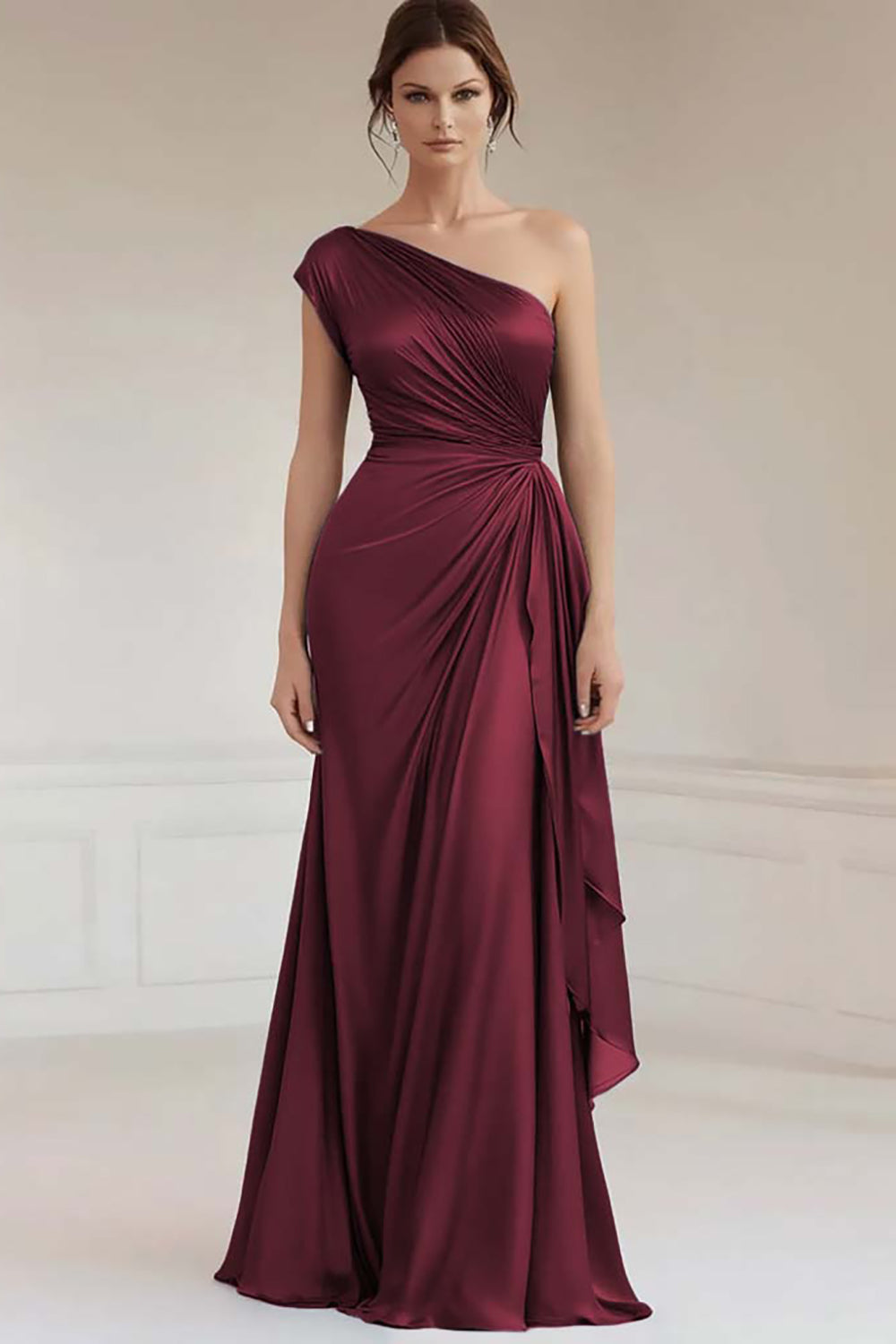 Grey Blue One Shoulder Sheath Maxi Formal Dress with Ruffles
