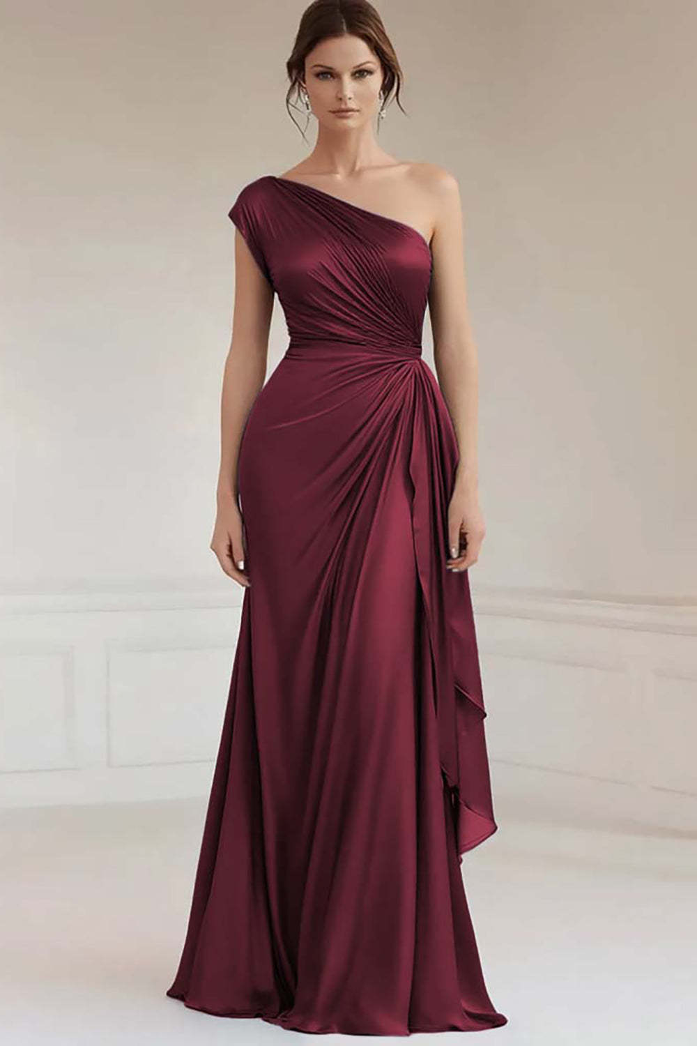 Grey Blue One Shoulder Sheath Maxi Formal Dress with Ruffles