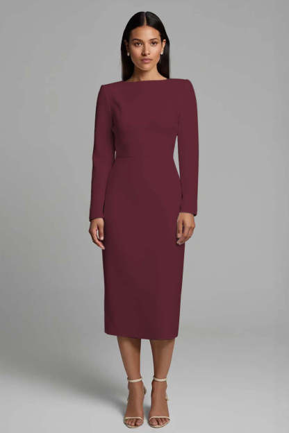 Simple Pencil Ivory Plus Size Bateau Neck Midi Work Dress with Slit