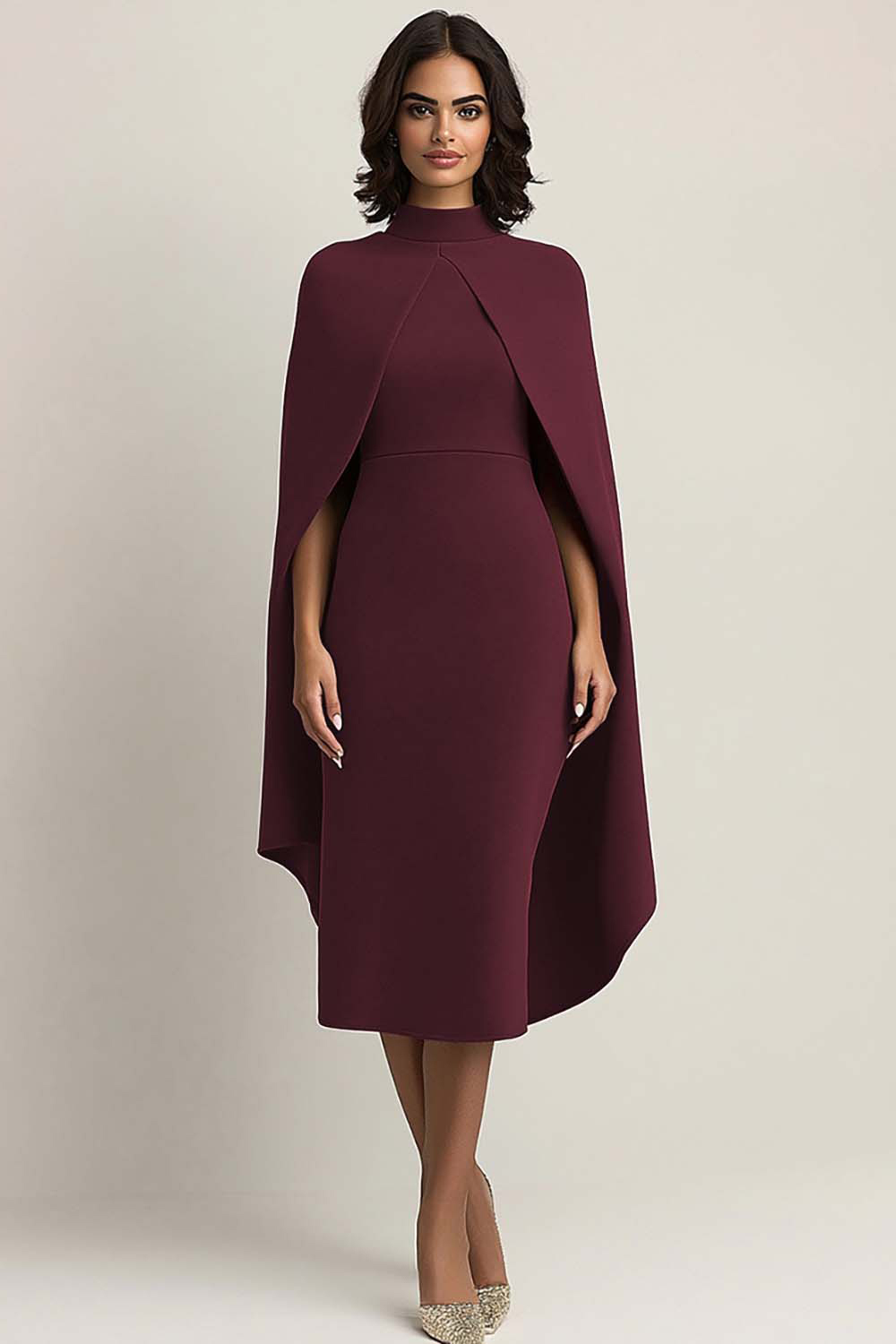 Burgundy Sheath Ankle-Length Formal Dress with Cape