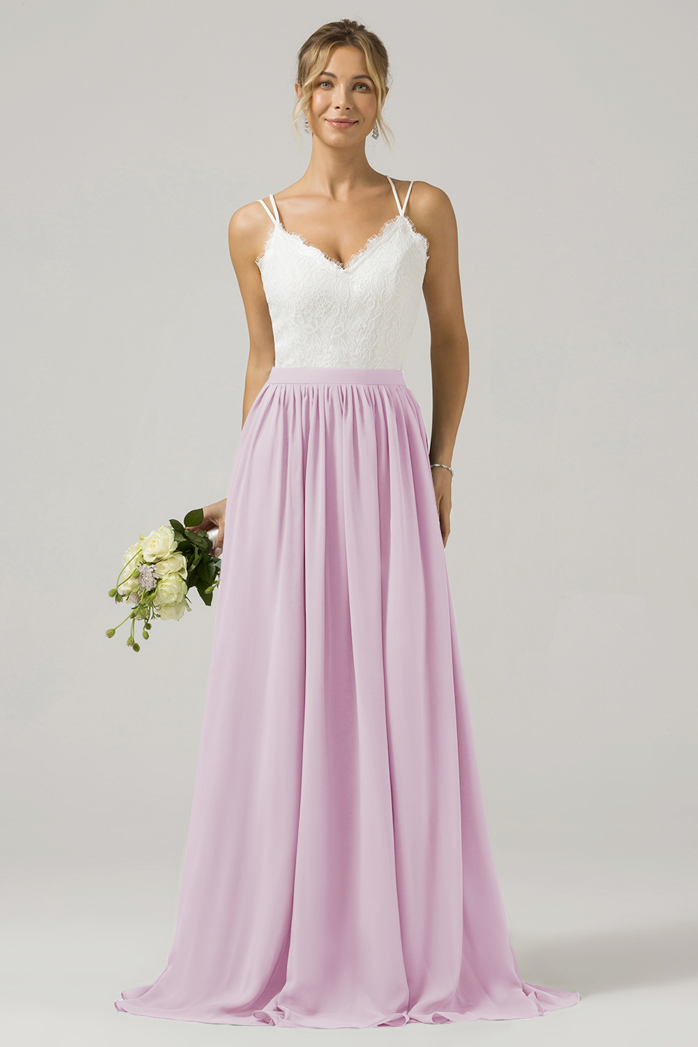 Eucalyptus A-Line Spaghetti Straps Pleated Long Bridesmaid Dress With Lace