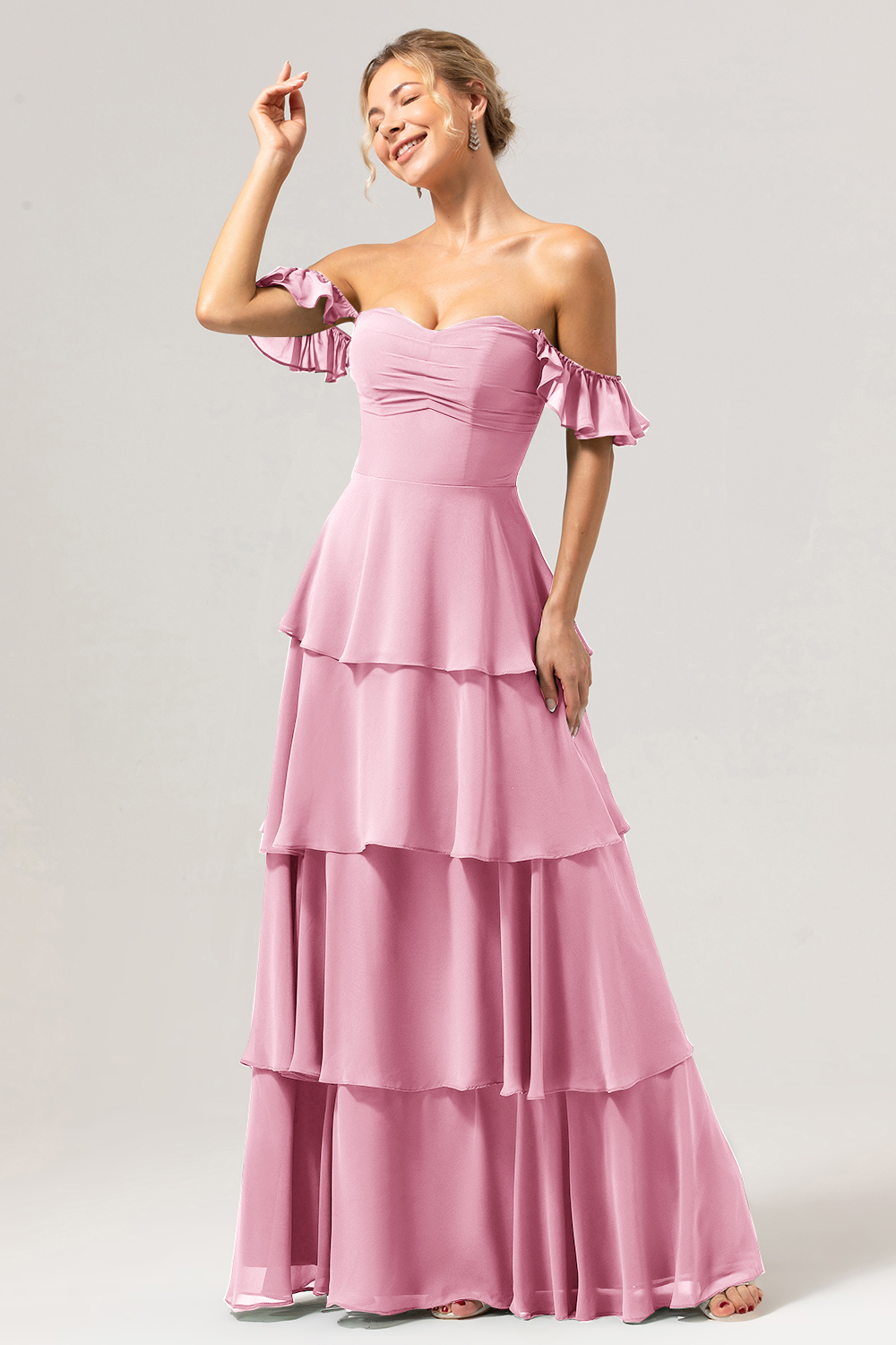 Eucalyptus Off the Shoulder Sweetheart Tiered A-Line Bridesmaid Dress