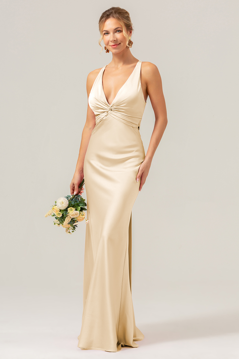 Pink Front Twist Mermaid V Neck Satin Bridesmaid Dress