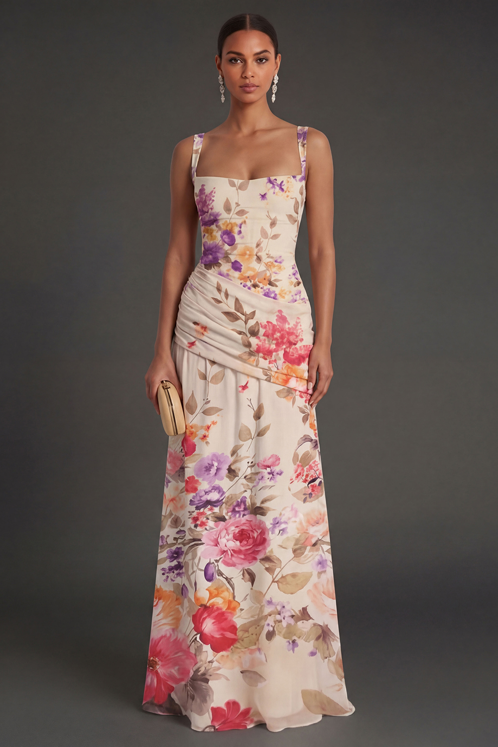 Ivory Floral A Line Thick Straps Ruched Backless Long Formal Dress