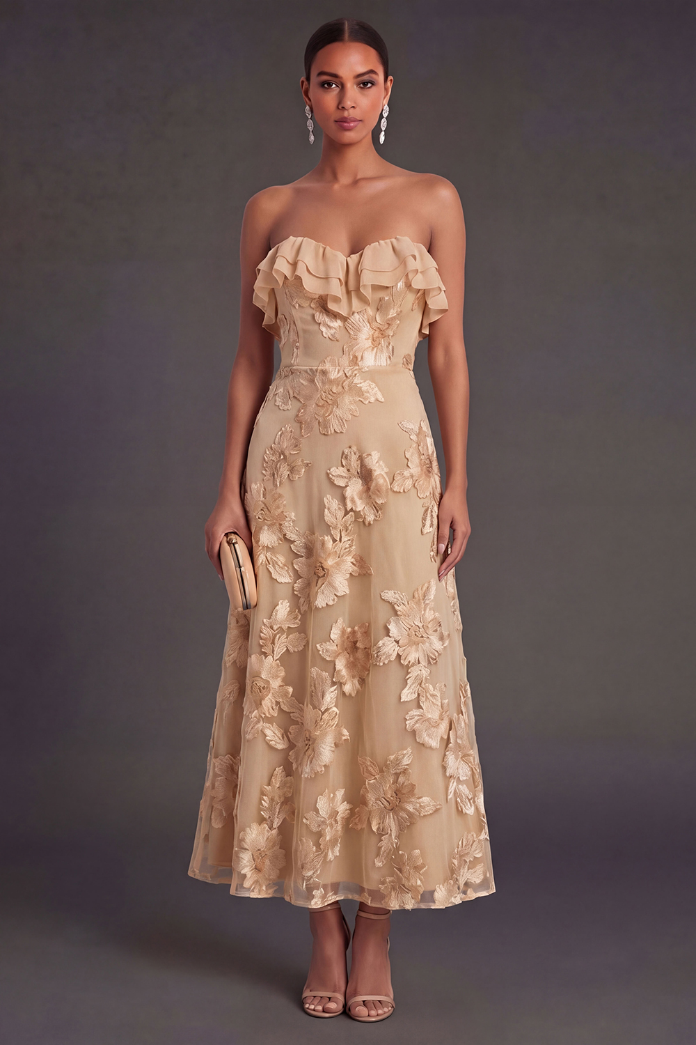 Light Blue A Line Floral Strapless Long Wedding Guest Dress