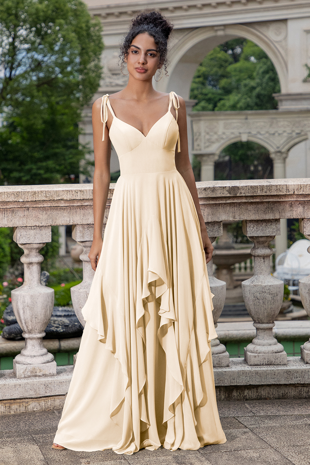 Leely Women Matcha Chiffon Bridesmaid Dress with Ruffles Corset A-Line Wedding Party Dress with Lace Up