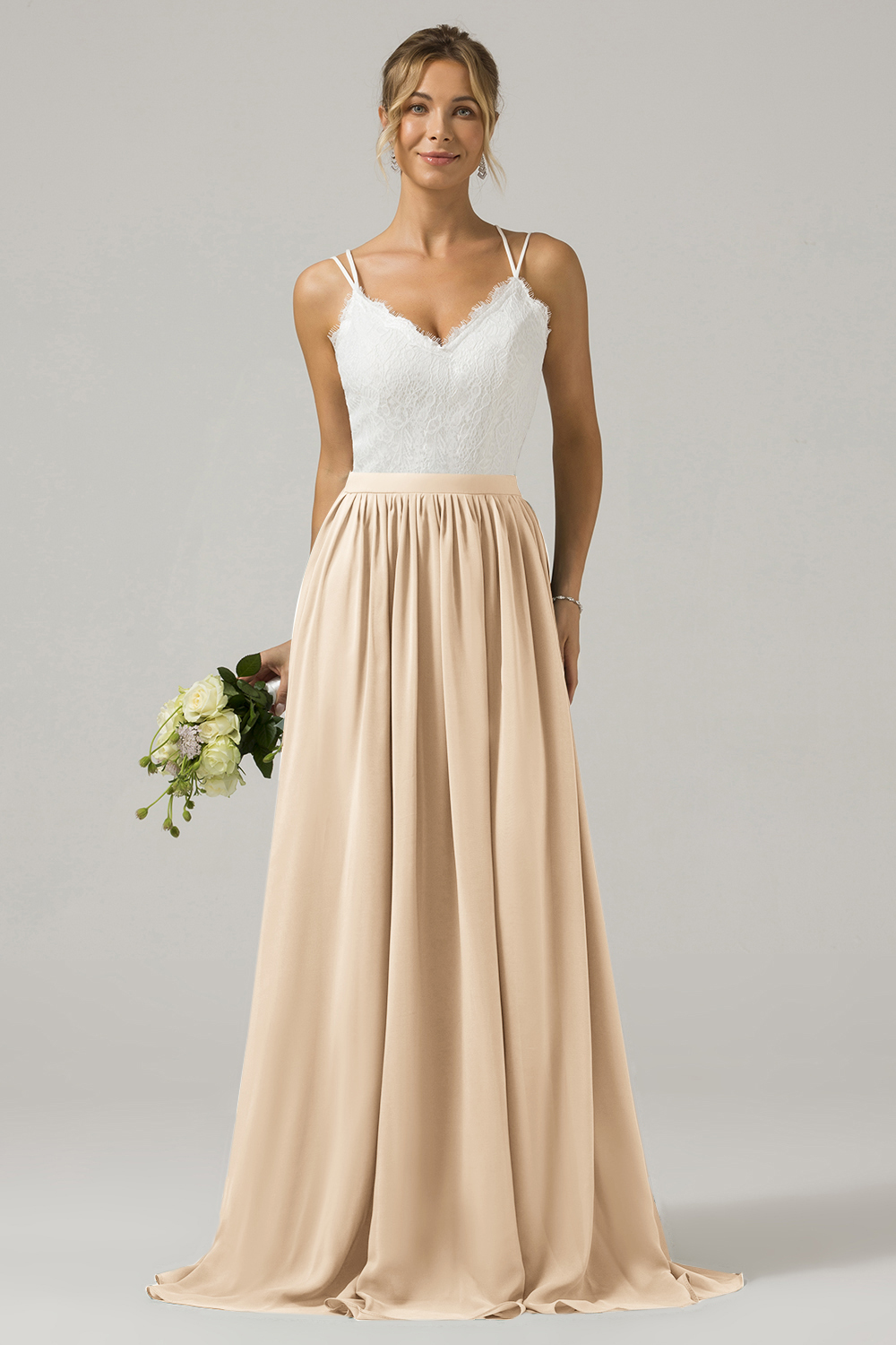 Eucalyptus A-Line Spaghetti Straps Pleated Long Bridesmaid Dress With Lace